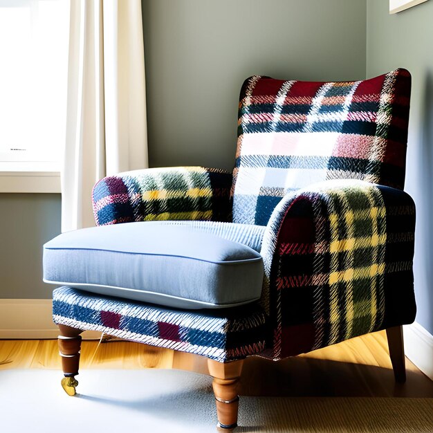 A chair with a plaid cover and the word " on it "