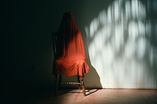 a chair with a red cloth covering it sitting in a dark room