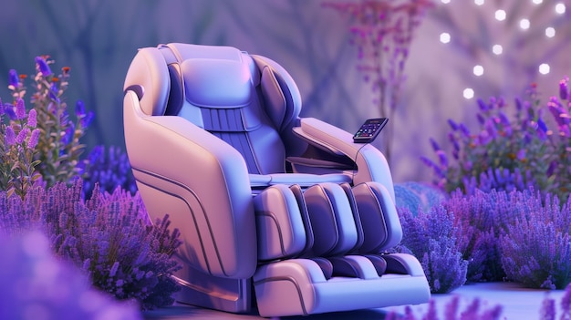 鮮やかな花の畑に置かれたリモコン付きの椅子