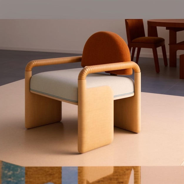 Photo a chair with a white cushion sits in front of a table with a table in the background.