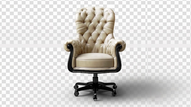 a chair with a white leather arm rests on a black base