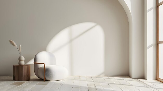 a chair with a wooden arm rests in a room with sunlight shining through the window