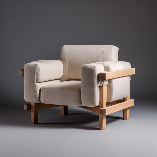 a chair with a wooden arm rests on a white surface.