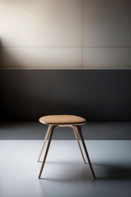 A chair with a wooden seat sits in front of a wall that says'the chair is made of wood '