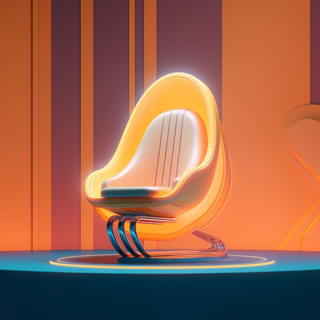 A chair with the word " on it " on a blue and orange background.