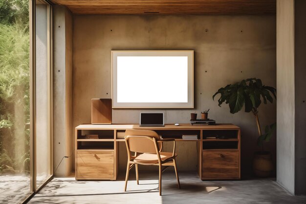 chair and wood side table with empty blank mock up frame home interior