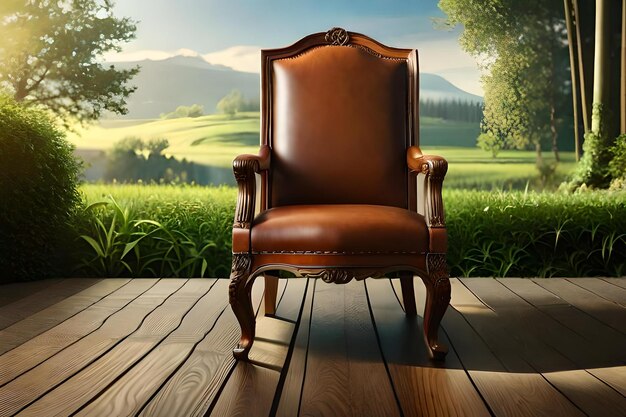 A chair on a wooden floor with a mountain view in the background