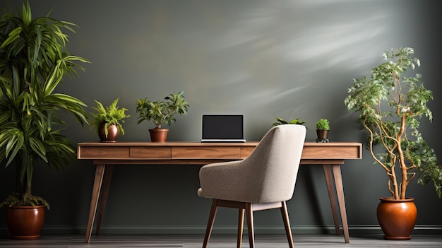 Chair at wooden table with computer monitor and plants in grey spacious home office interior