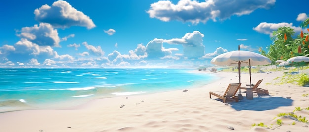 写真 パームビーチの椅子と傘のどかな旅行の背景