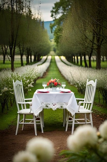 Chairs on a green lawn with a sunset behind them