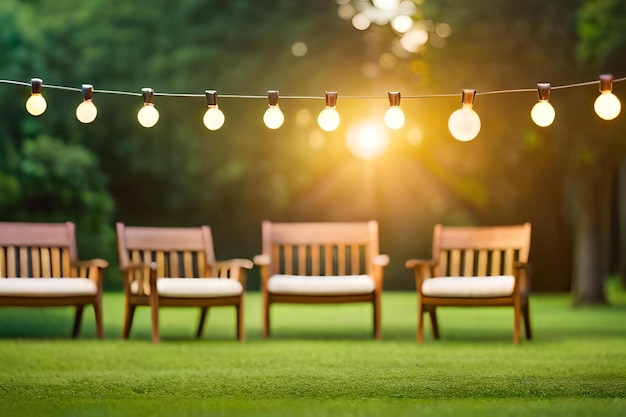 Chairs on a lawn with the sun setting behind them