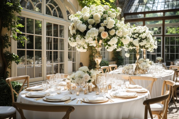 Chairs and a round table for wedding guests for a banquet served with cutlery white flowers and dishes and covered with a tablecloth