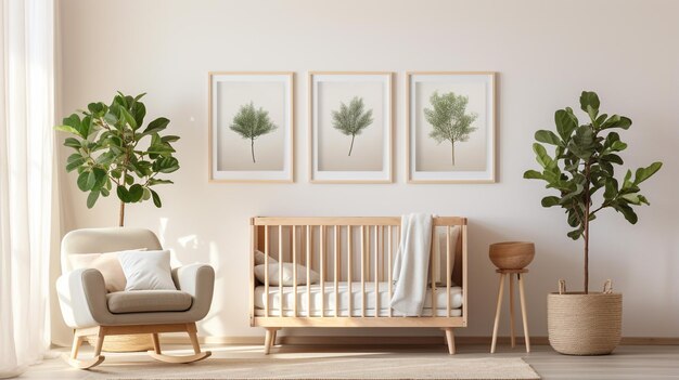 Chairs at table placed at wall with empty decorative frame and baby crib in light spacious room