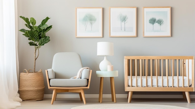 밝고 넓은 방에 빈 장식 프레임과 아기 침대가 있는 벽에 놓인 테이블 의자