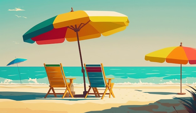 Chairs and umbrella on the beach on island vacation holidayGenerative AI