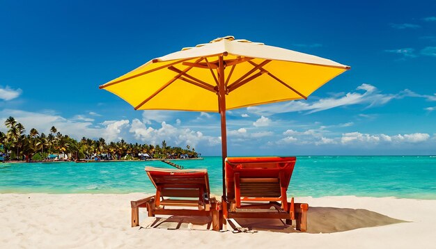 Chairs and umbrella in palm beach tropical holiday banner