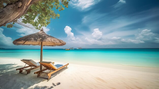 Стулья и зонтик на песчаном пляже с видом на бирюзовый океан Генерирующая иллюстрация AI