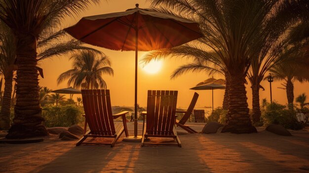 Chairs And Umbrellas Under palm trees sunset