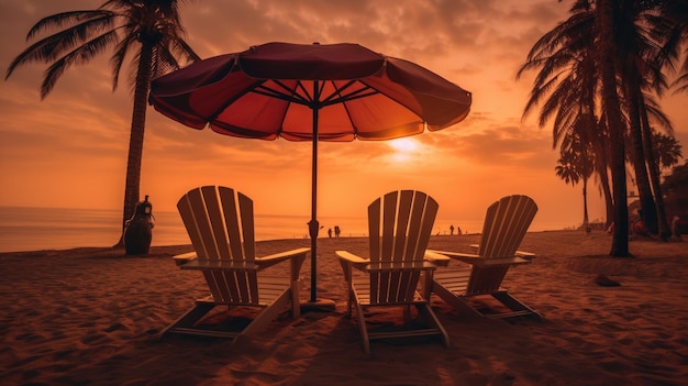 Chairs And Umbrellas Under palm trees sunset