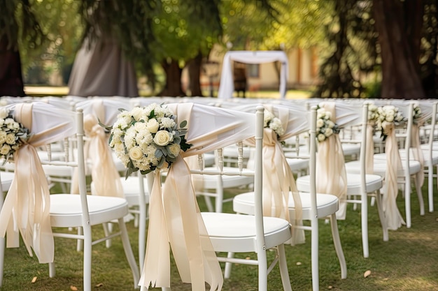 천 이나 베일 으로 장식 된 결혼식 의 의자