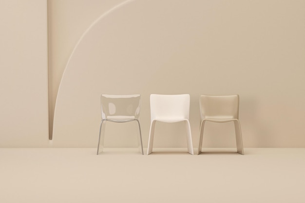 Chairs in white and transparent chair on beige background Concept of minimalism3d render