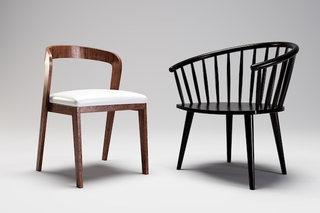 chairs with black and wooden frames and gray cushions