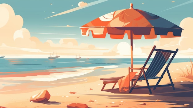 Chaise longue and beach umbrella on the seashore Generative AI