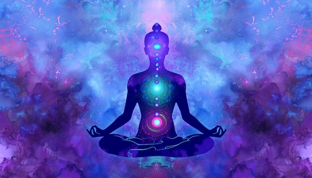 Chakra energie Mooie vrouw zit in een pose van een halve lotus op een hoge plaats geweldig uitzicht op het universum