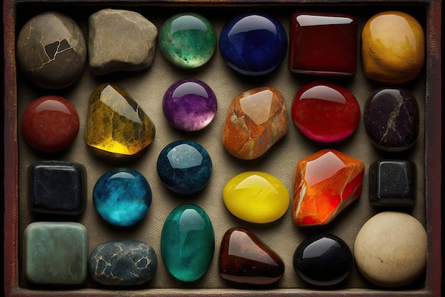 Исцеляющие камни чакры. Кристаллы чакры. Камни, которые соединяются с семью основными чакрами человеческого тела. 7 цветных кристаллов чакры. Генеративный искусственный интеллект.