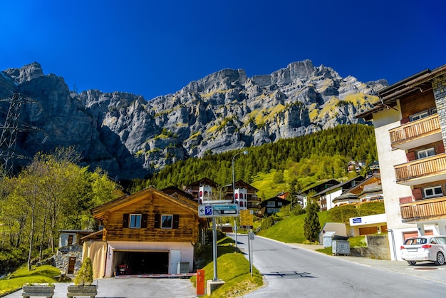 Chalet and hotels in swiss village in Alps Leukerbad Leuk Vis