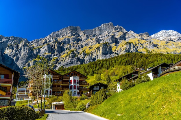 Chalet and hotels in swiss village in Alps Leukerbad Leuk Vis