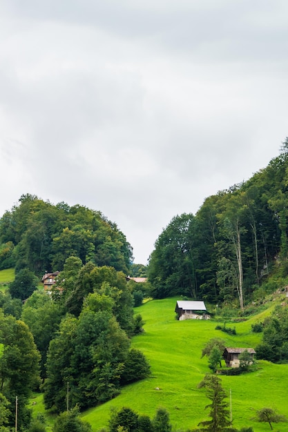 Chalets of Brienz village and Brienzer Rothorn mountain at Interlaken in Canton of Bern in Switzerland