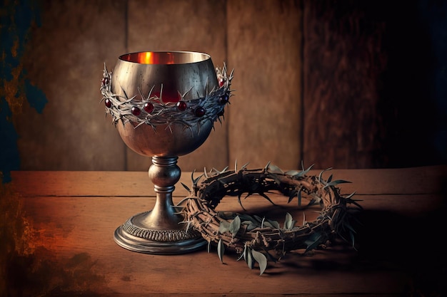 Chalice of Christ and crown of thorns on a wooden background Image generated with AI