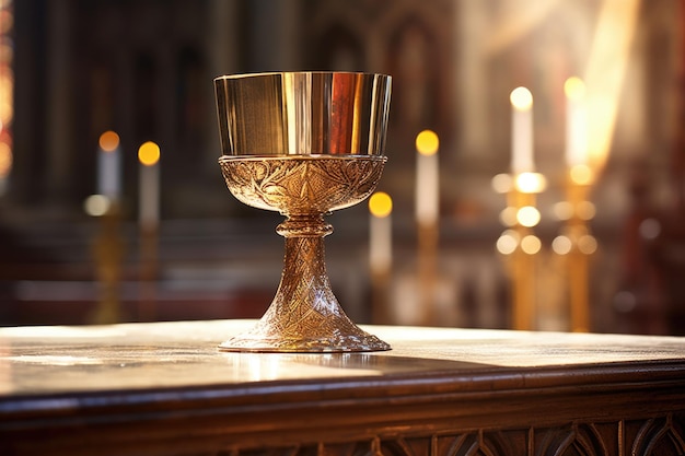 A chalice and holy sacrament on an altar