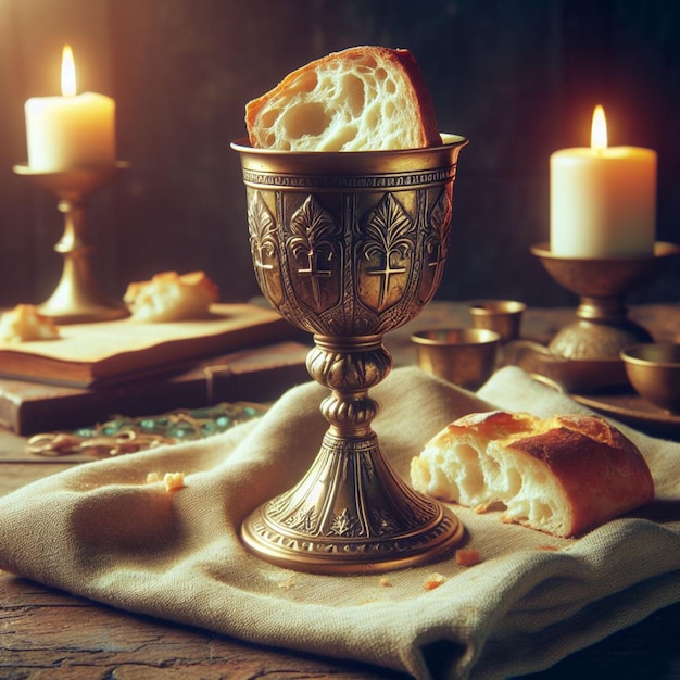 예수 그리스도의 잔과 함께 오래된 테이블 위에 중간에 어진  조각