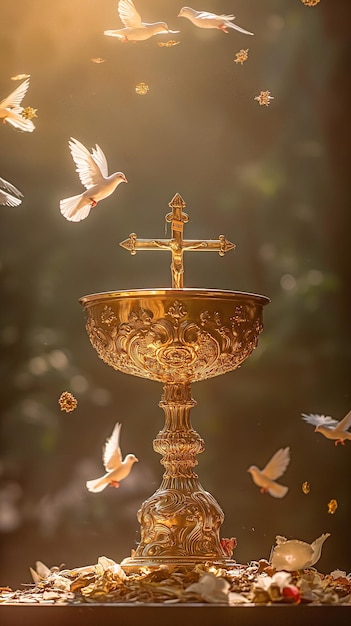 Foto calice con crocifisso su un altare adornato con colombe in volo idea per la santa eucaristia