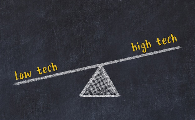 Chalk board sketch of scales. Concept of balance between high tech and low tech