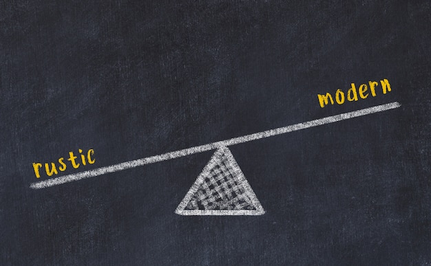 Chalk board sketch of scales. Concept of balance between modern and rustic