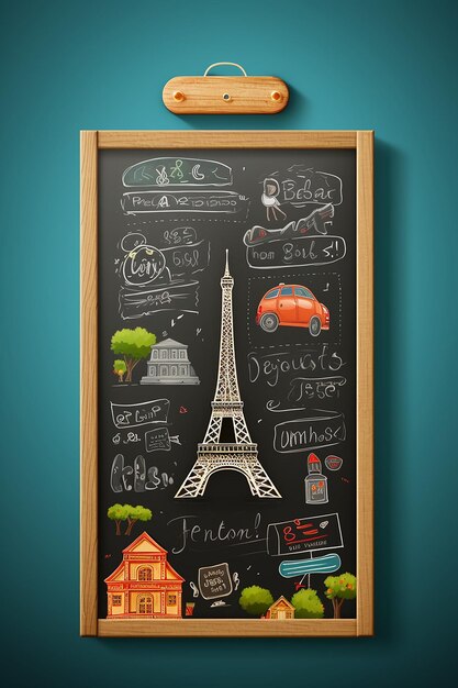 Chalkboard in 3d style with pixar concept there is 3 building drawing on the chalkboard a eiffel