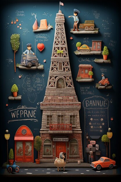 Photo chalkboard in 3d style with pixar concept there is 3 building drawing on the chalkboard a eiffel
