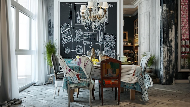 Chalkboard accenten en niet overeenkomende stoelen in eclectische eetkamer Generative Ai