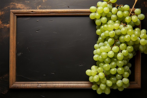 A chalkboard adorned with both luscious green and white grapes