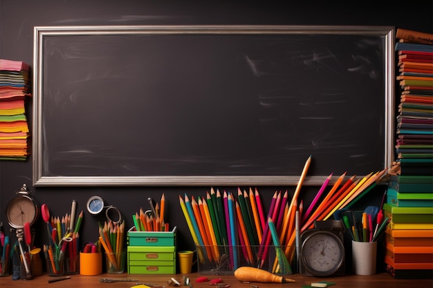 A chalkboard adorned with various stationery essentials for educational purposes