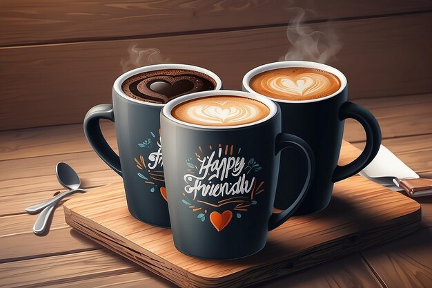 Photo chalkboard coffee mugs on wooden table with happy friendship day text friendship day concept