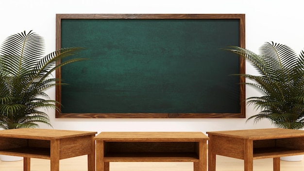 Chalkboard and desk in school classroom 3D rendering