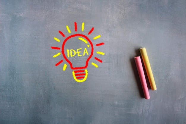 Chalkboard drawing image of lightbulb with text IDEA