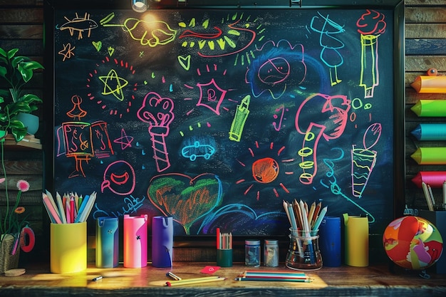 A chalkboard filled with colorful doodles and illu