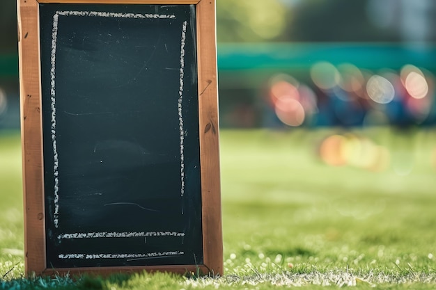 Photo chalkboard propped on field with game in background