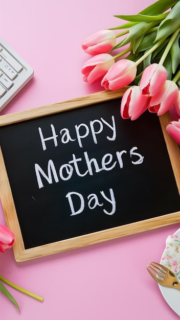 Chalkboard with Happy Mothers Day on pink table with tulips Vertical Mobile Wallpaper