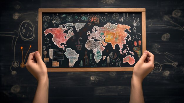 Photo a chalkboard with a map of the world on it